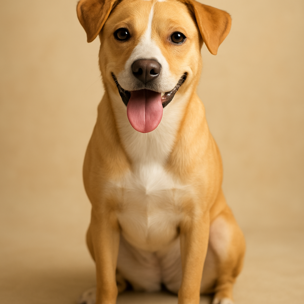 A happy tan and white rescued dog with warm, hopeful eyes