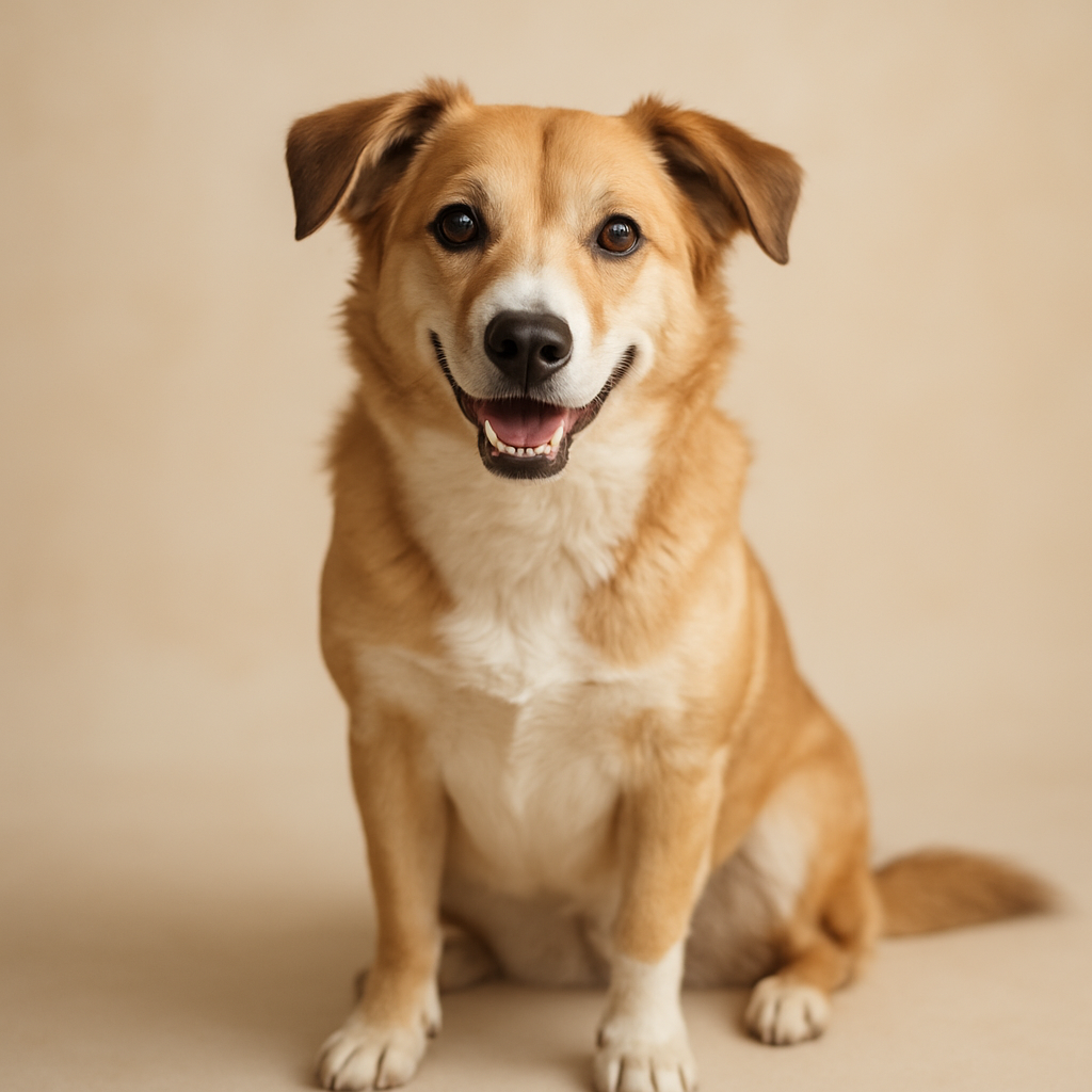 A happy rescued dog with warm, hopeful eyes